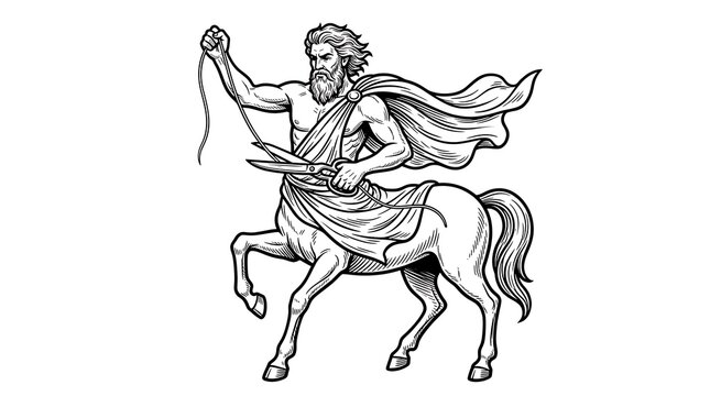 Mythological Centaur Cutting the Thread of Life with Scissors, Hand Drawn Engraving Style Illustration