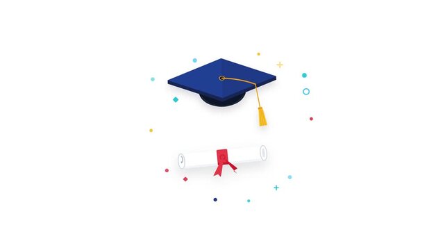 Blue graduation caps and diplomas with confetti on white background