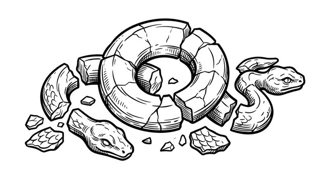 Ancient Broken Stone Ouroboros Ring with Serpent Heads Line Art Illustration on White Background