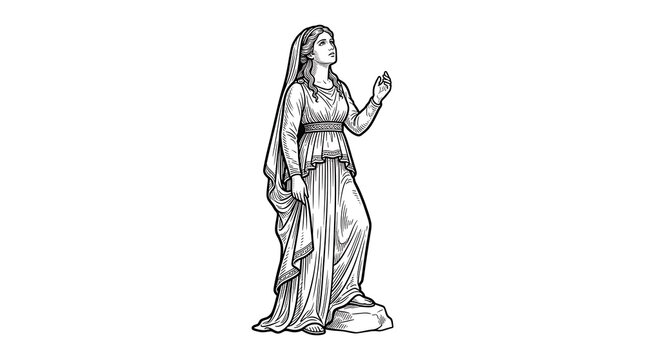 Vintage Engraving of an Ancient Greek Goddess in Traditional Attire Standing on Rock Looking Up