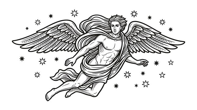 Hand Drawn Vintage Engraving of a Winged Male Angel Flying in the Starry Night Sky Isolated on White