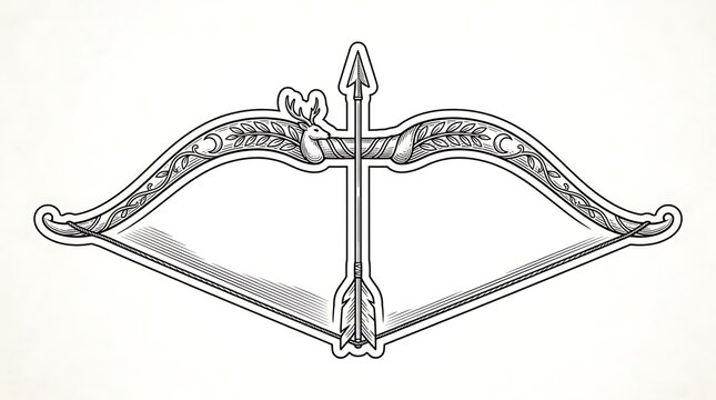 Vintage Engraving Style Bow and Arrow Illustration with Stag Head and Floral Ornament Decoration