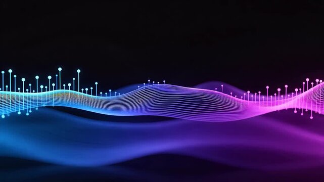Abstract blue and purple gradient wave lines with dotted vertical markers on black background
