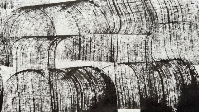 Japanese paper texture background, a drawing of dome like curved lines in sumi ink with expressive brush strokes, banner sized expressive brush stroke pattern