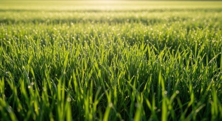 Obraz premium Fresh green grass field with morning dew drops catching the warm sunlight in spring
