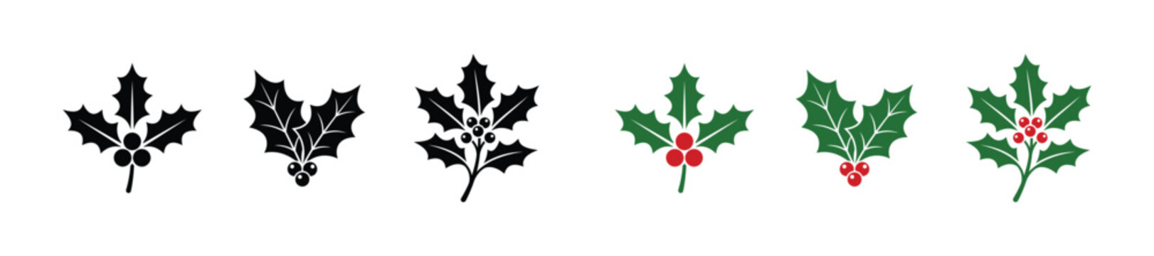 Christmas Holly Berry Icon Set, Holly Leaves Vector, Winter Holiday Floral Decoration Symbols, Black Silhouette and Green Red Mistletoe Collection for Greeting Card and Celebration Graphic