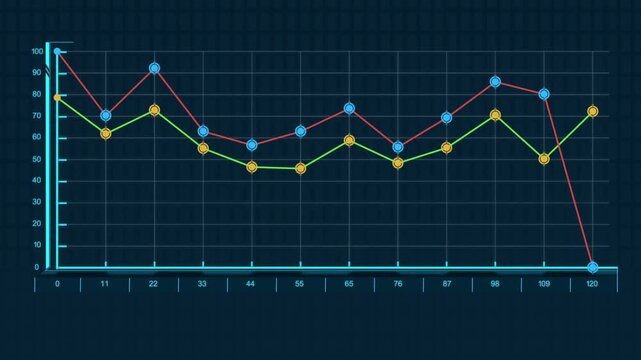 Digital line graph showing financial data trends on a dark blue grid background with copy space