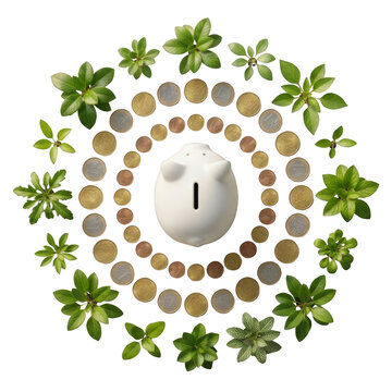 White Piggy Bank with Growing Plants and Coins
