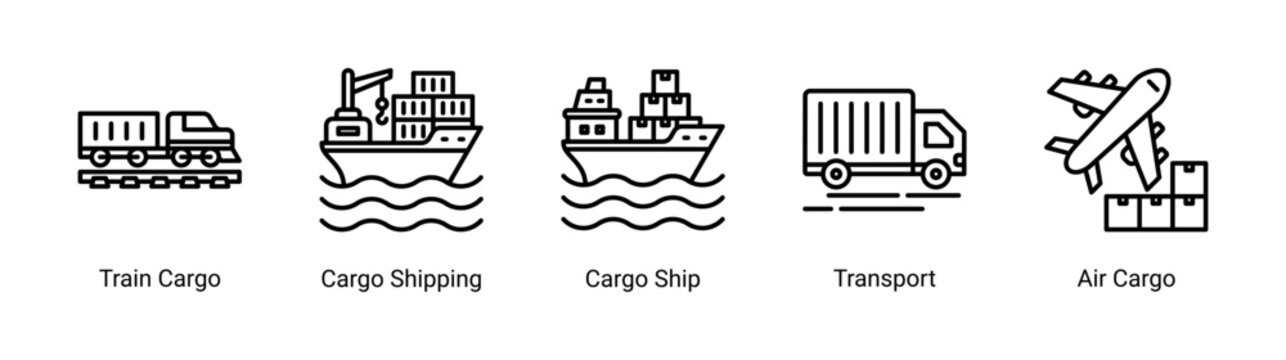 Professional cargo transport icon set featuring train,ship,air,and freight transportation concepts for global logistics industries.
