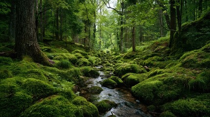 Fototapeta premium Green forest computer wallpaper, Lush green forest wallpaper featuring tall trees and dappled sunlight filtering through the leaves