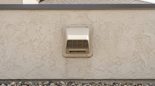 Modern beige ventilation vent cover mounted on textured exterior plaster wall