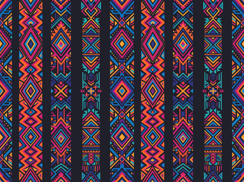 Vibrant Abstract Geometric Seamless Pattern Featuring Colorful Ethnic Tribal Stripes