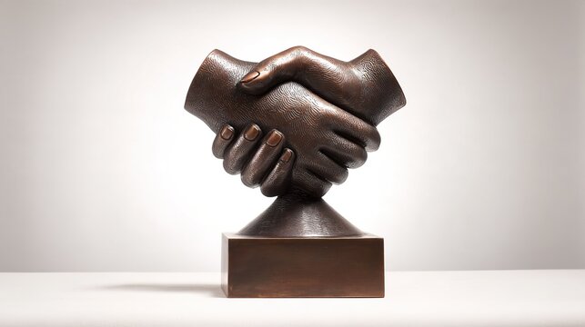accord. Bronze handshake sculpture on a plain base, symbolizing diplomacy. event programs, museum guides, designed for cultural heritage projects and event programs, elevates cultural identity.