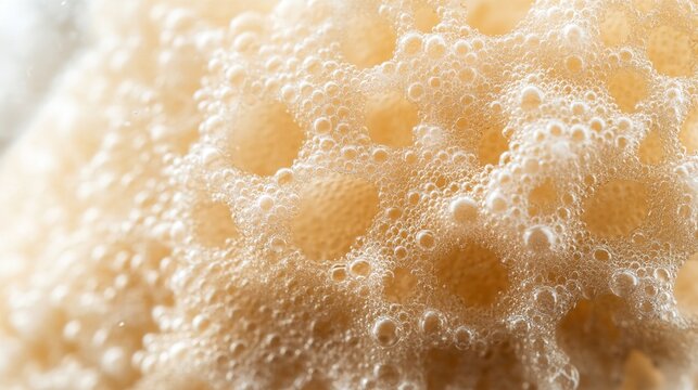 expanding. Dry natural sponge absorbing water and expanding, droplets on surface, soft light. STEM education sheets, lab safety posters, designed for STEM education and laboratory safety posters.
