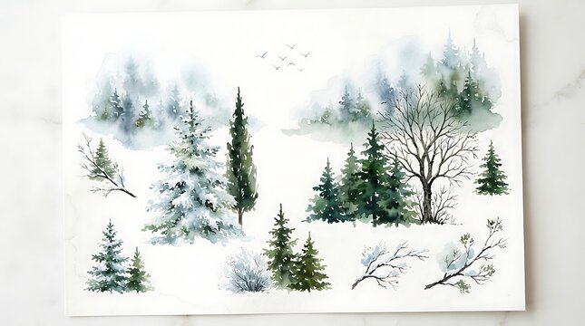Watercolor winter landscape collection of hand-painted pine trees, snow-covered firs, bare deciduous branches, and misty forest silhouettes