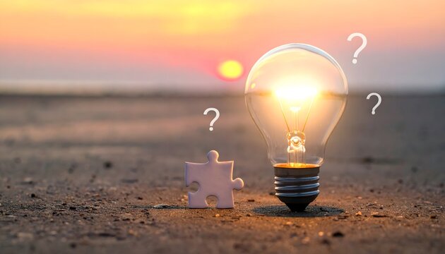 Bombilla encendida rodeada de signos de interrogaci&oacute;n sobre una superficie al atardecer como concepto de ideas y resoluci&oacute;n de problemas