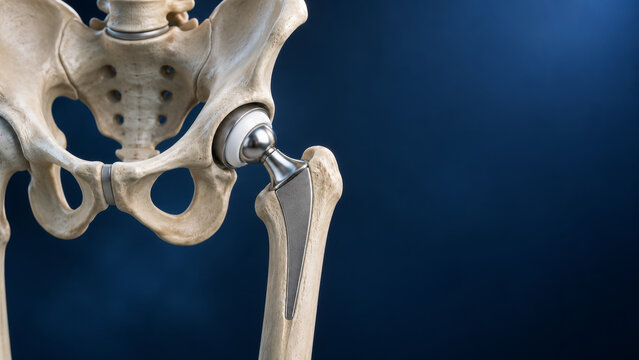 Hip replacement implant with titanium prosthesis inserted into femur of pelvis bone model. Close-up of artificial joint on dark blue background.