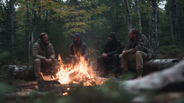 Group by campfire, Friends sitting around a campfire, illuminated by the firelight