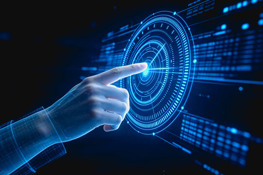 A human finger touches a glowing futuristic holographic digital interface with data elements and interactive controls.