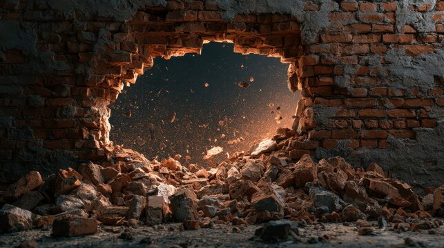 Large hole breaking through old brick wall with flying brick fragments and scattered rubble around damaged opening