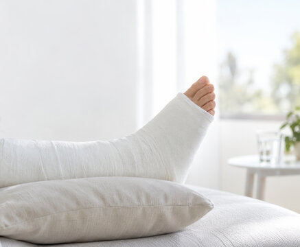 A persons leg is resting on a pillow with a white cast. The patient is recovering from an injury at home. This image depicts convalescence and medical recovery.