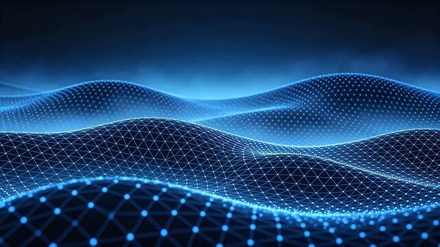 Abstract blue digital surface with glowing points and lines forming an undulating wave structure