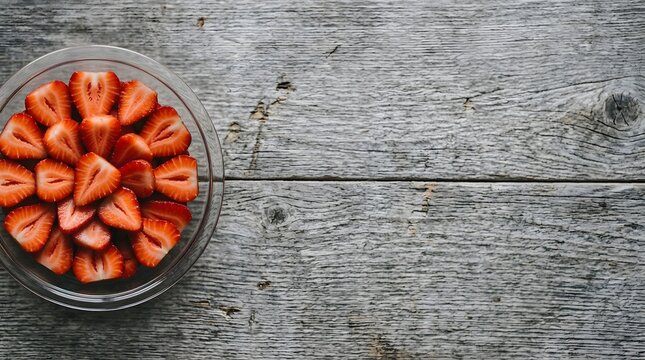 Freshly sliced strawberries in a glass bowl on a rustic wooden surface overhead view