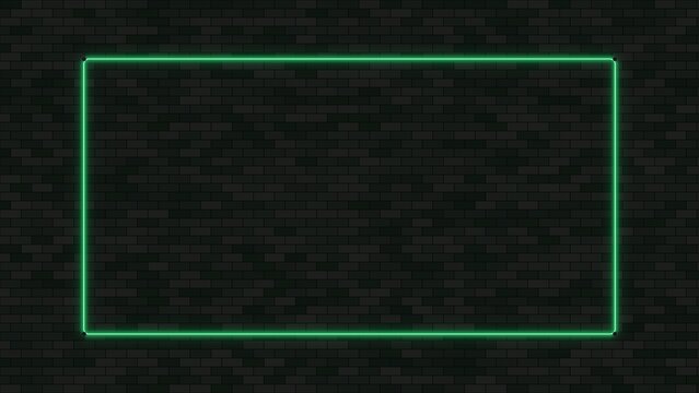 Green neon light glow rectangle frame border on dark brick wall background design element.