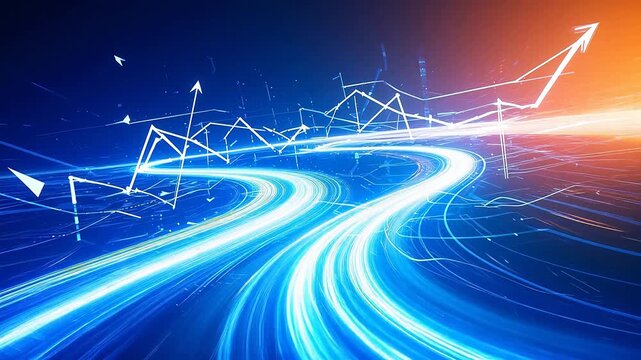 Colorful light trails and data trend lines on blue and orange gradient background