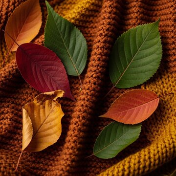 Colorful autumn leaves arranged neatly on top of a warm knitted wool winter sweater fabric