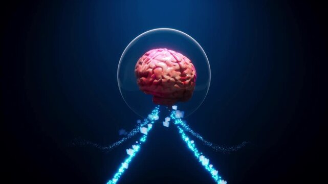 Human brain model floating inside a glass sphere with glowing blue digital data particles on dark background