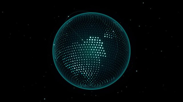 Holographic planet earth rotating with digital glowing particles against dark space.