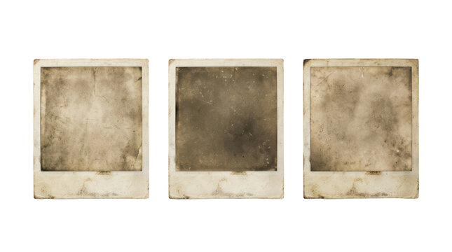 Three vintage blank polaroid photo frames isolated on transparent background