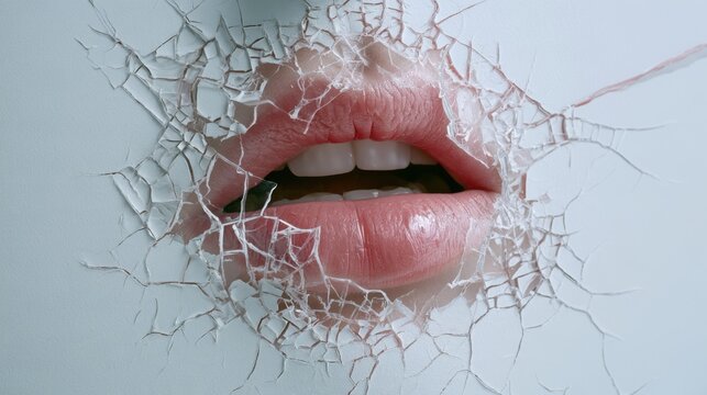 Close-up of human lips breaking through cracked white wall surface with detailed texture and realistic skin tones