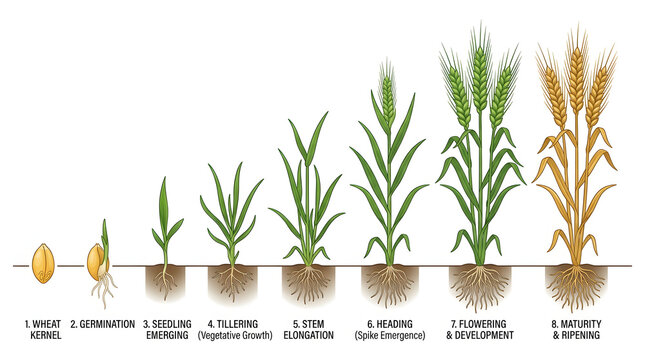 Diagram of wheat growth stages from kernel germination to full maturity and ripening
