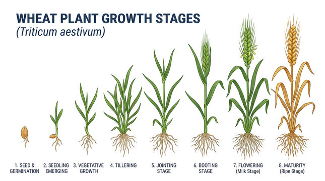Diagram of wheat plant growth stages from seed germination to mature ripe stage with scientific text