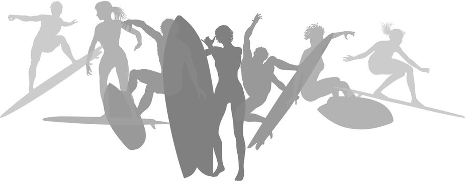 Surfer surfboard boarding male and female surfers surfing silhouette outlines. Men and women surf group design concept.
