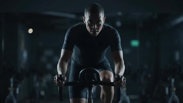 Male athlete pedaling hard on a stationary exercise bike in a gym