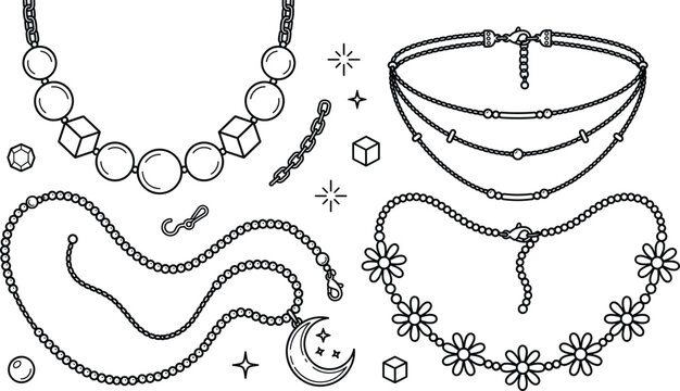Women Fashion Necklace and Choker Outline Set Featuring Pearl Strands, Floral Designs, Moon Pendants, and Layered Chain Jewelry Line Art Vector Graphics
