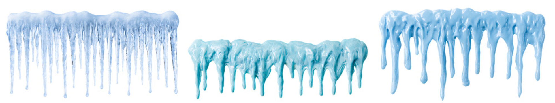 Set of winter snow icicles, frozen ice borders, blue cream frosting, and dripping paint isolated on transparent background