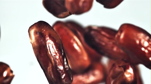 Close-up of Many Dried Date Fruits Falling in Motion Against a Bright Background