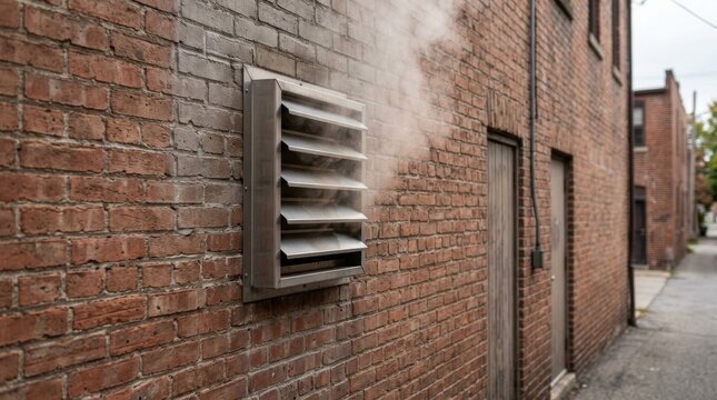 Stainless steel ventilation louver vent emitting hot steam on old red brick alleyway wall
