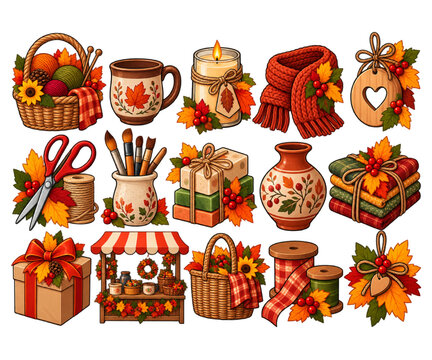 Thanksgiving autumn craft and home decor elements featuring baskets, candles, ribbons, fabrics and foliage vector