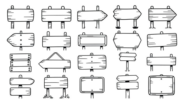 Collection of hand-drawn wooden signpost blank rustic timber boards with posts, arrows, and rectangular shapes in a black and white doodle style