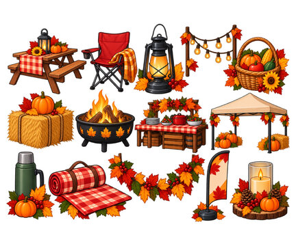 Autumn Thanksgiving picnic and camping decor set featuring pumpkins, lanterns and harvest elements vector