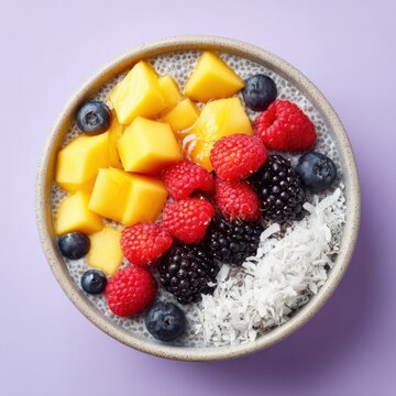 Glossy ceramic bowl with chia pudding topped with mango, raspberry, blackberry, blueberry and coconut on lavender background