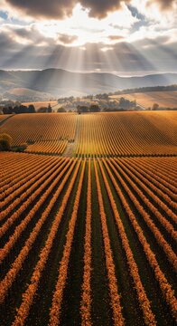 Autumn vineyard landscape golden rows agriculture countryside sunset sunlight nature scenic rural wine production field panorama