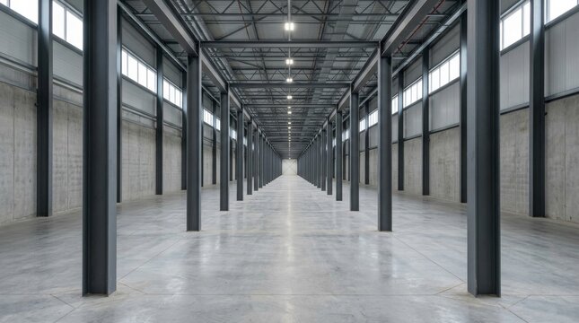 Vast empty industrial warehouse interior with concrete floor and steel pillars