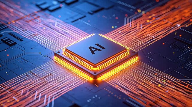 Central processor chip with glowing orange light on dark electronic circuit board background