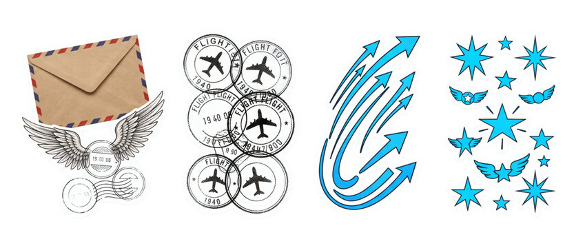 Vintage postal mail dispatch sticker, antique parchment envelopes, flying airmail airplanes, round postmark rubber stamps, and wind swirl. International courier on transparent background.